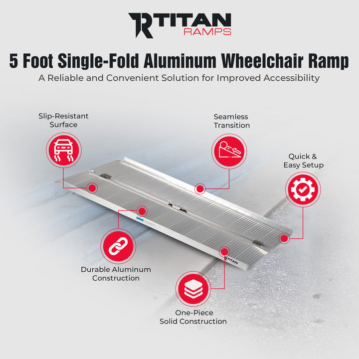 Titan Ramps 5 Foot Single-Fold Aluminum Wheelchair Ramp, 600 Pound Capacity