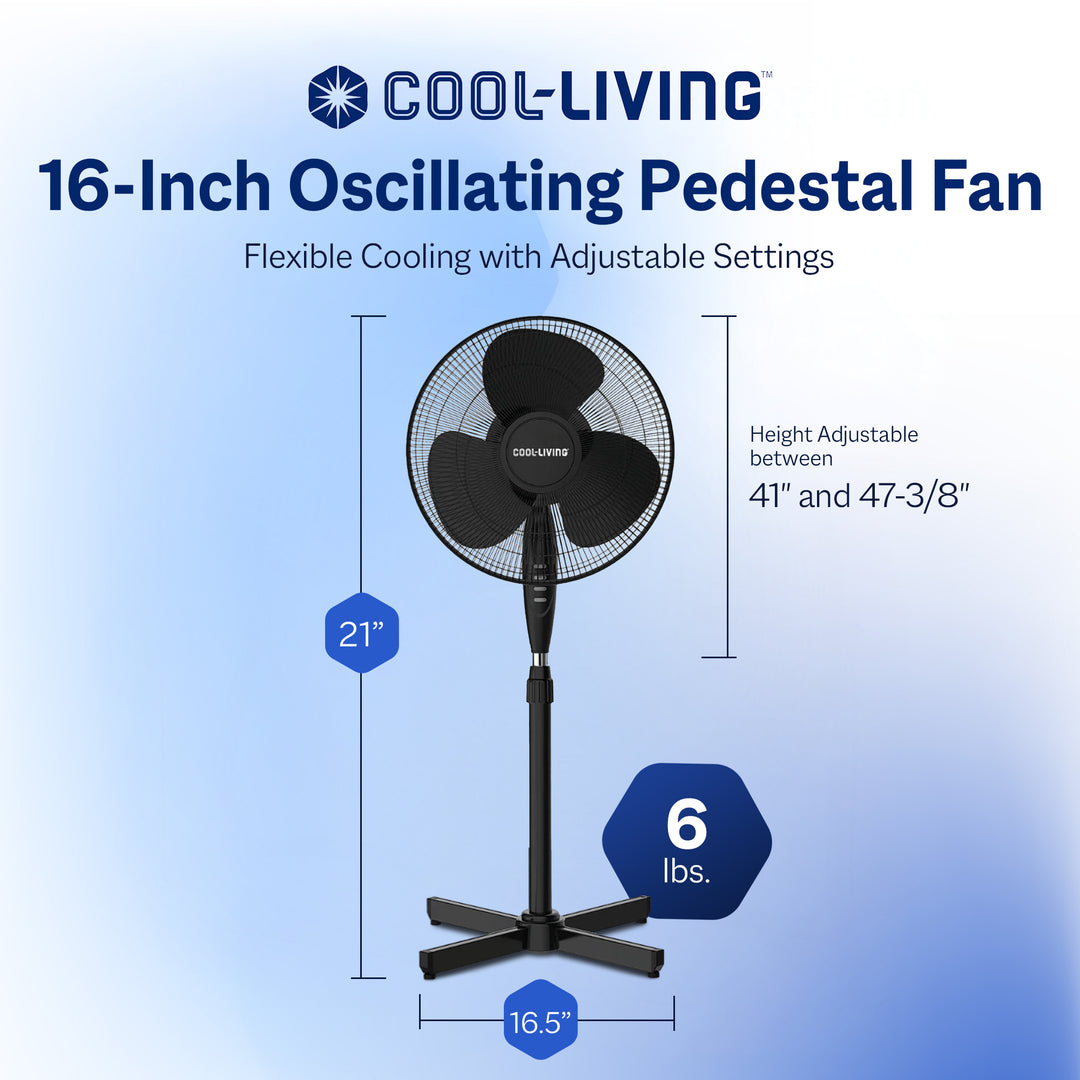 Cool-Living 16" Electric Oscillating Pedestal Fan with 3 Speed Options, Black