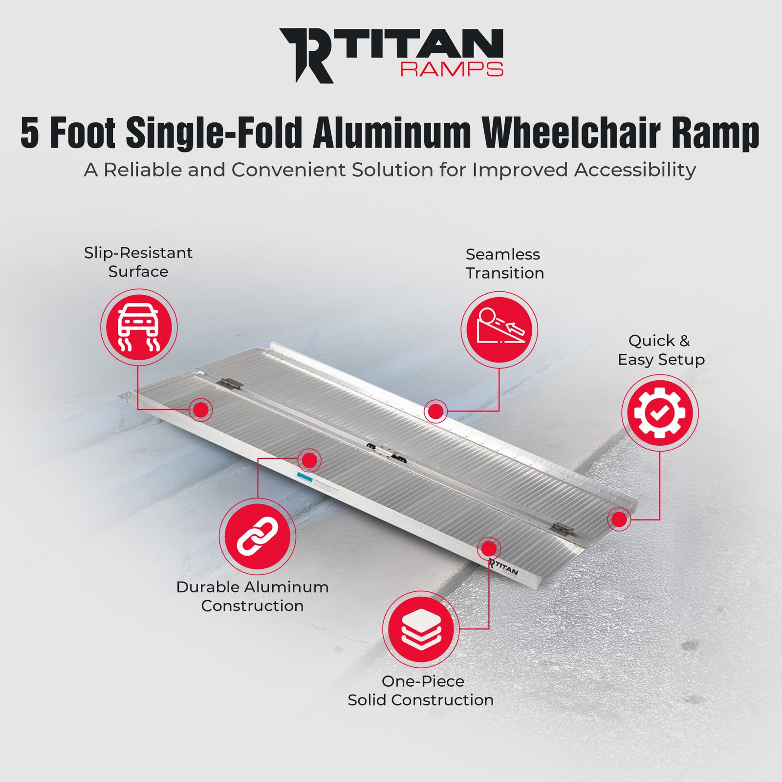 Titan Ramps 5 Foot Single-Fold Aluminum Wheelchair Ramp, 600 Pound Capacity - VMInnovations