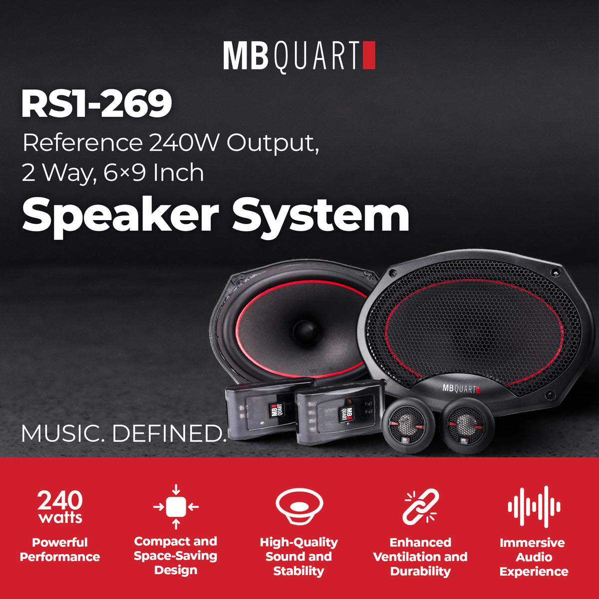 MB Quart 6"x9" Coaxial Reference Car Speaker System, 2-Way Audio, 240W Output