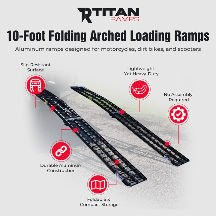 Titan Ramps 2 Pack 10’ Folding ATV Loading Ramps, Arched Aluminum Design, Black