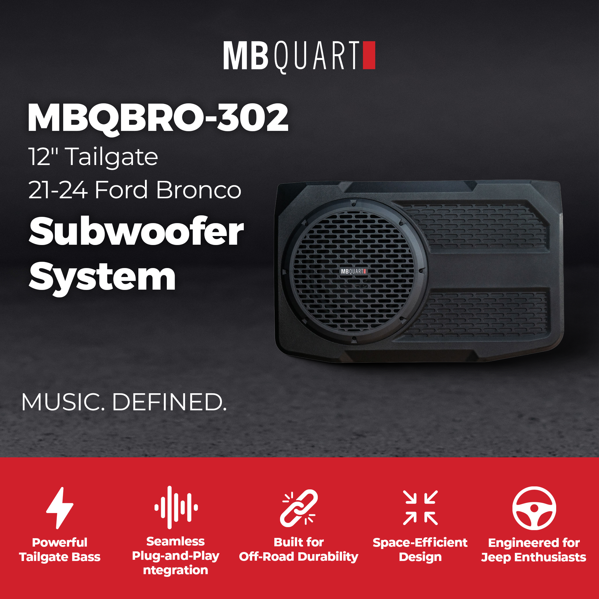 MB Quart 12" Tailgate Subwoofer System for 21-26 Ford Bronco, Tuned Audio, 400W