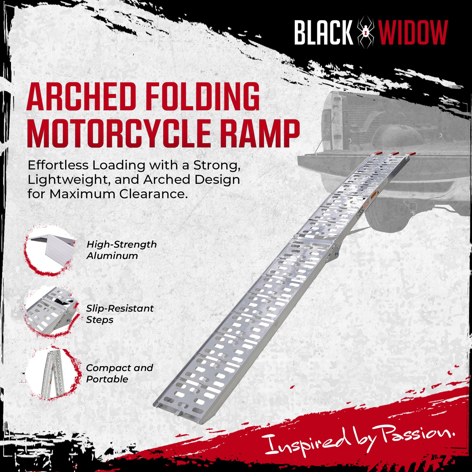 Black Widow Aluminum Folding Motorcycle Ramp Arched Plate, Single Runner, Silver - VMInnovations