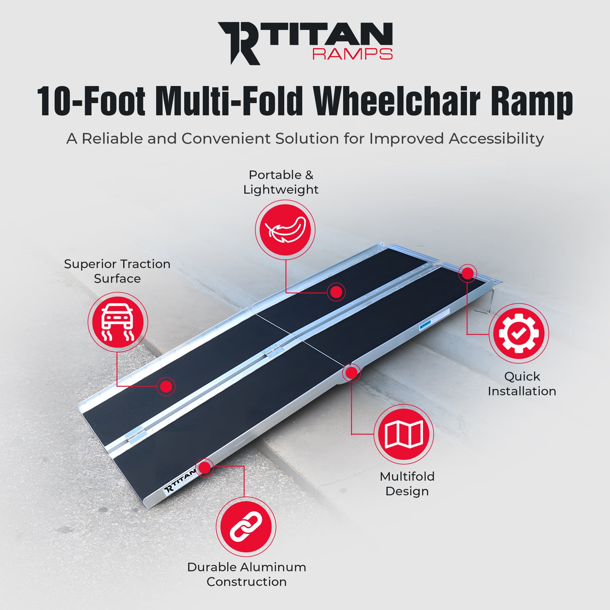 Titan Ramps 10 Foot Multi-Fold Aluminum Wheelchair Ramp, 600 Pound Capacity
