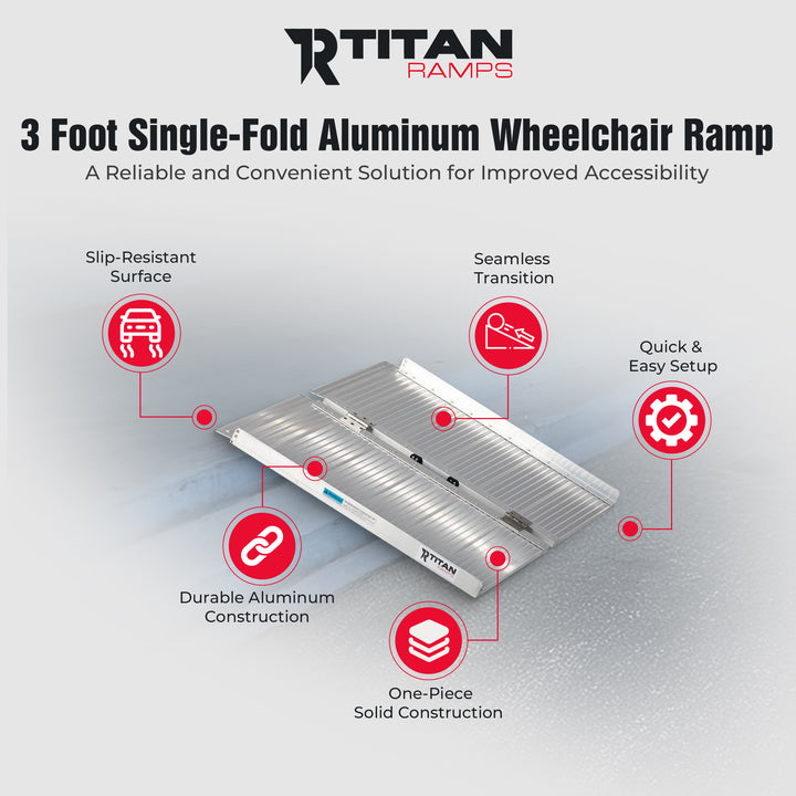 Titan Ramps 3 Foot Single-Fold Aluminum Wheelchair Ramp, 600 Pound Capacity