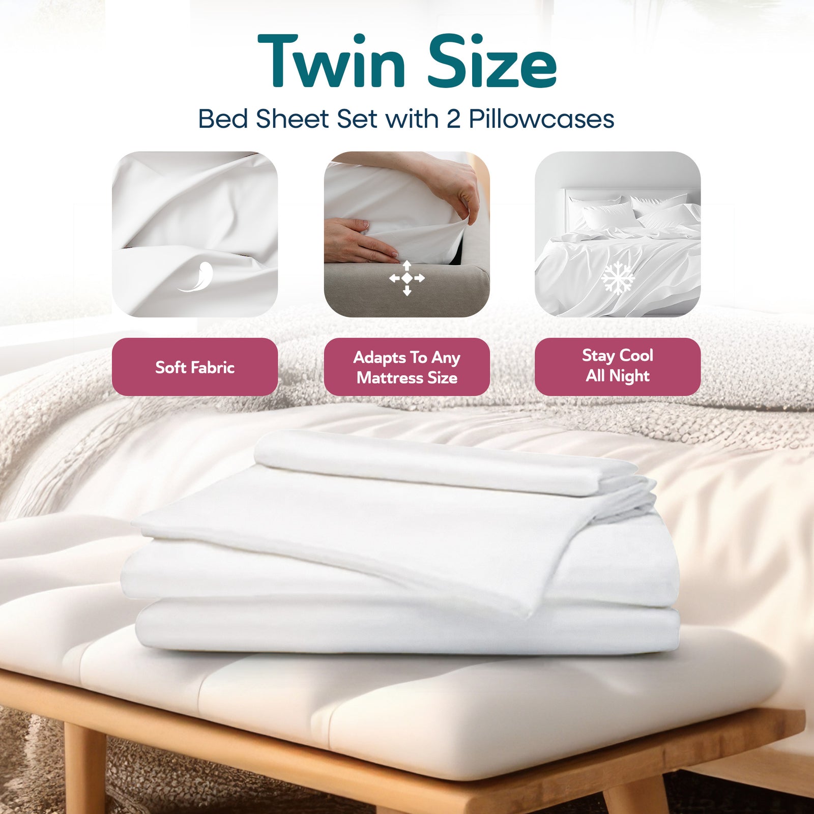 Sleepgram Viscose from Bamboo Twin Bed Sheet Set with 2 Pillowcases, White - VMInnovations