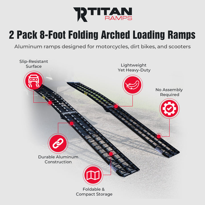 Titan Ramps 2 Pack 8’ Folding ATV Loading Ramps Arched Aluminum Design, Black