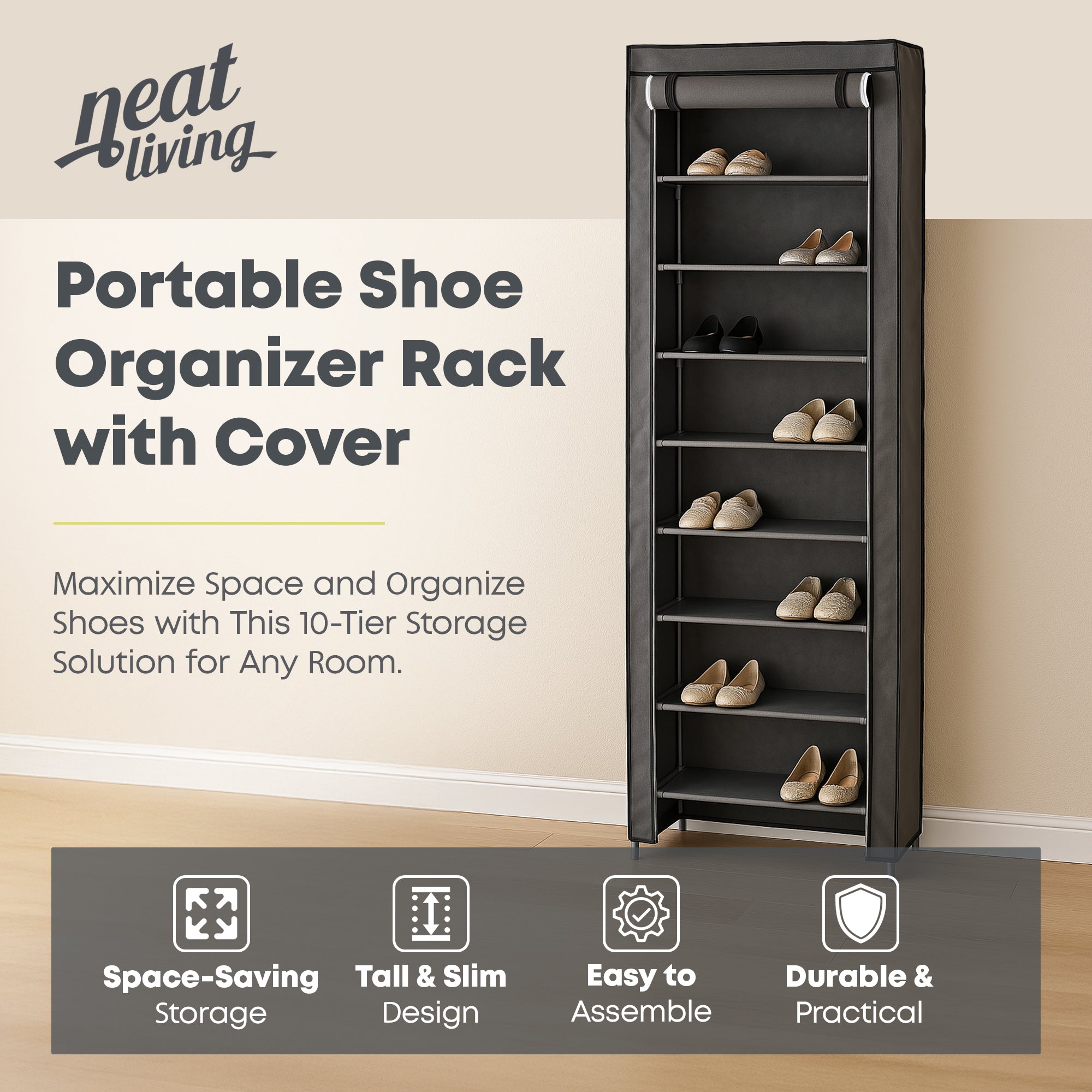 Neat Living Vertical 10 Tier Shoe Organizer Rack, Storage Shelves & Cover, Gray - VMInnovations