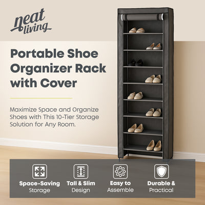 Neat Living Vertical 10 Tier Shoe Organizer Rack, Storage Shelves & Cover, Gray - VMInnovations