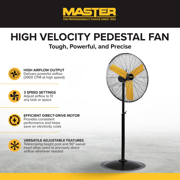 Master 24" High Velocity Oscillating Pedestal Fan, 3 Speed Metal Standing Fan