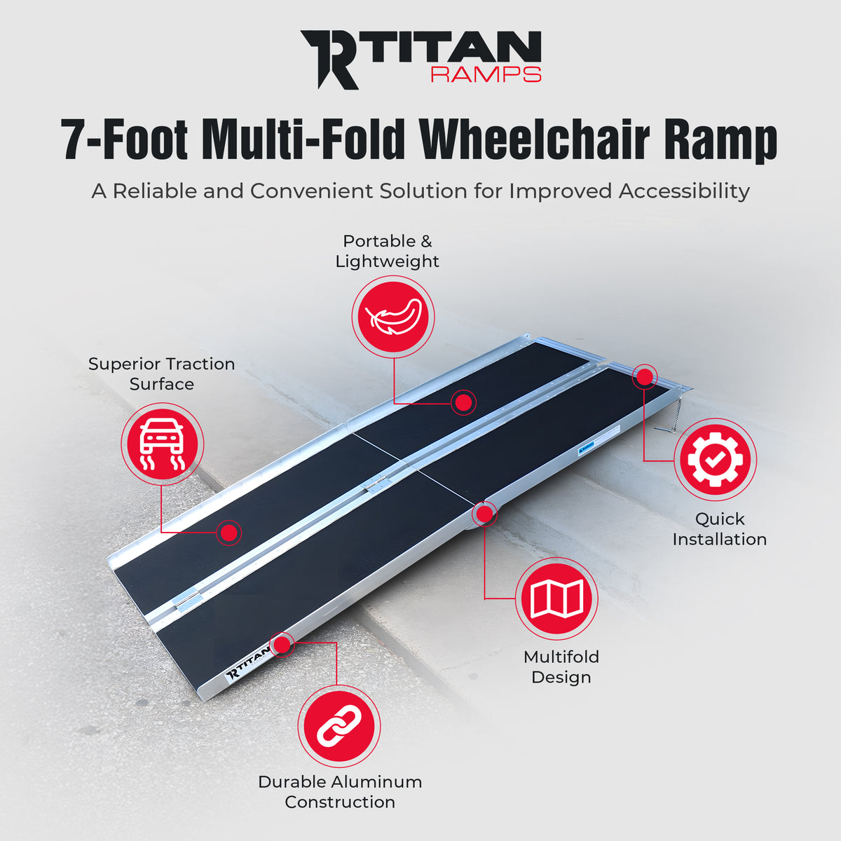 Titan Ramps 7 Foot Multi-Fold Grip Aluminum Wheelchair Ramp, 600 Pound Capacity