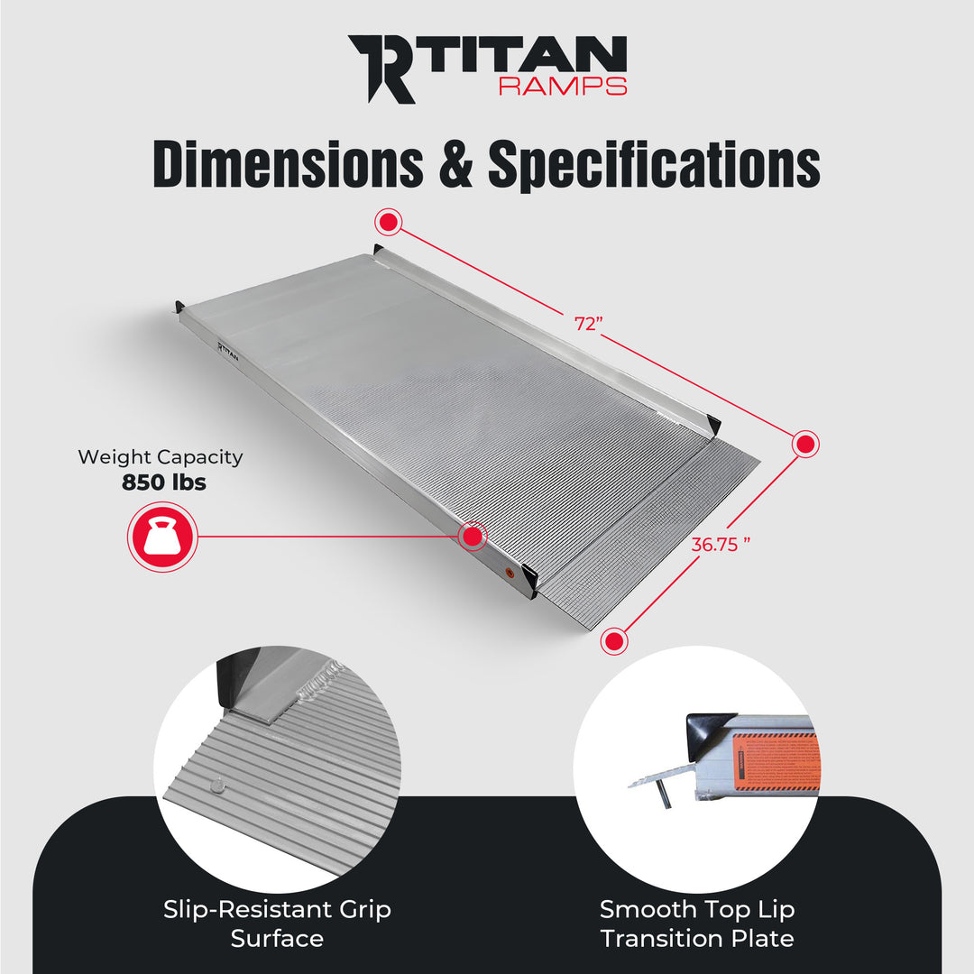 Titan Ramps 6 Foot Aluminum Wheelchair Entry Ramp, One Piece, 850 Pound Capacity