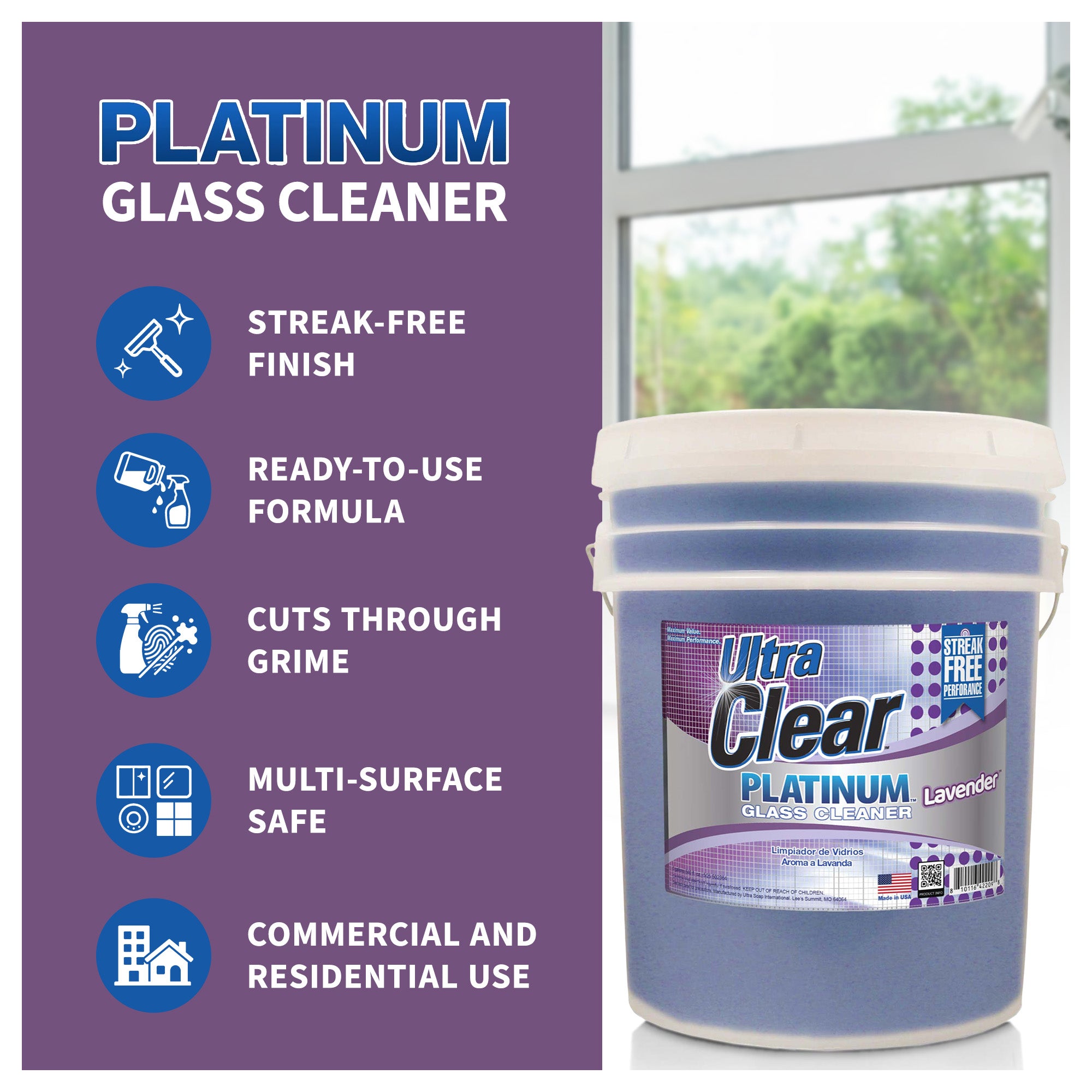 Ultra Clear Platinum Glass Cleaner, Streak-Free Shine, Lavender Fresh, 5 Gallons - VMInnovations