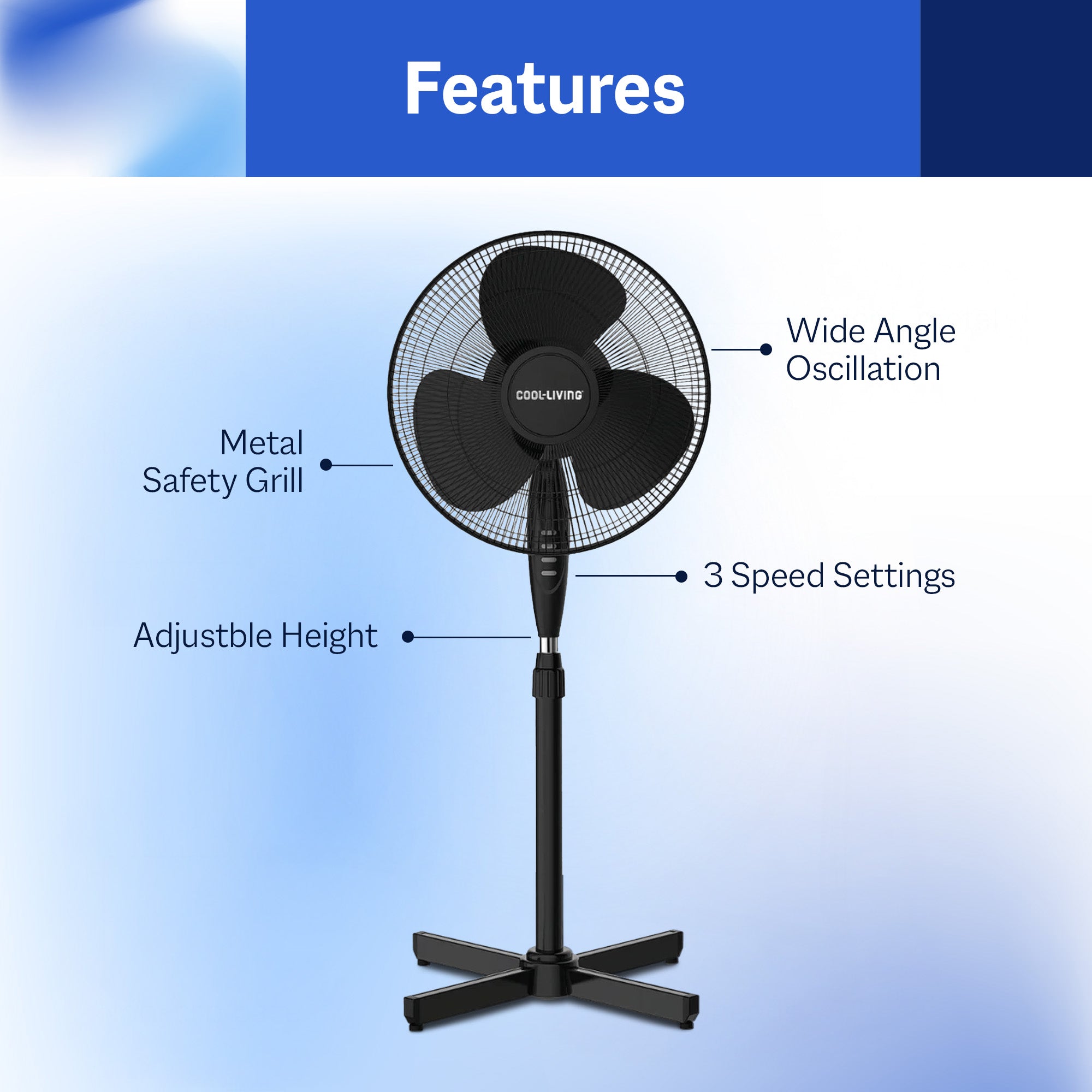 Cool-Living 16" Electric Oscillating Pedestal Fan with 3 Speed Options, Black - VMInnovations