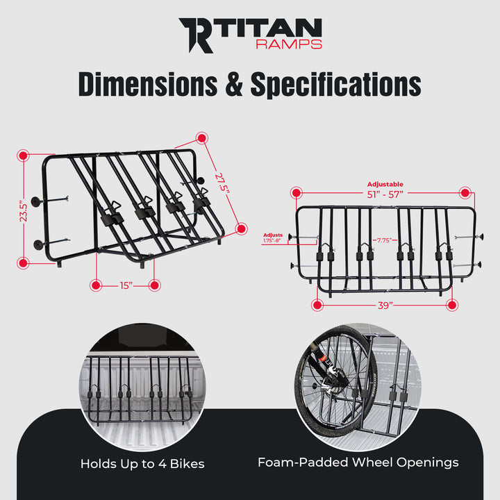 Titan Ramps Truck Bed Bike Rack with Quick Assembly, Accommodates up to 4 Bikes