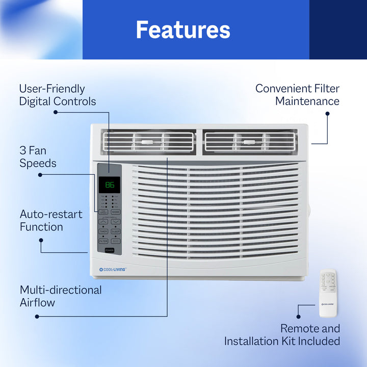 Cool-Living 6,000 BTU Window Mount Room Air Conditioner with Installation Kit