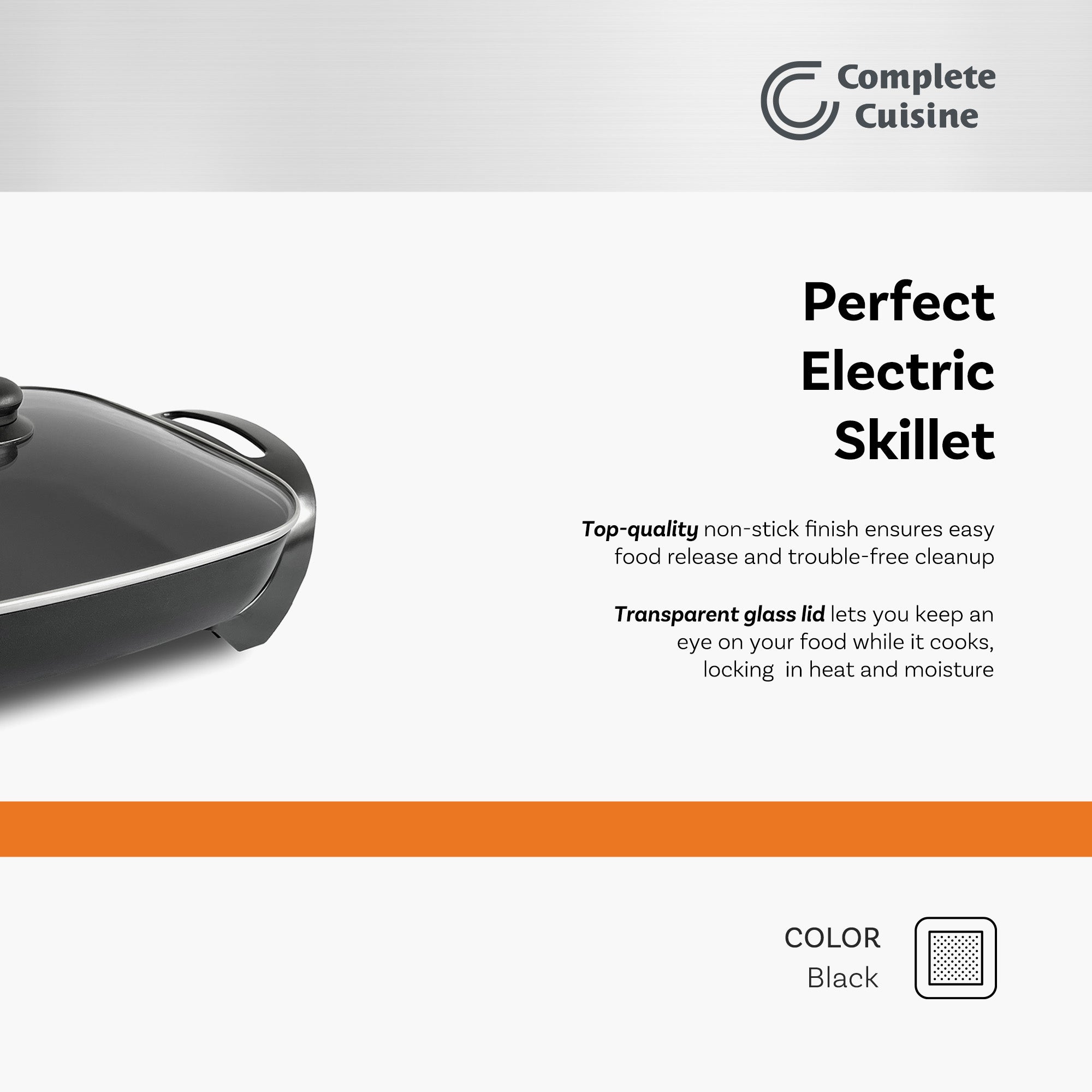 Complete Cuisine Skillet with Glass Lid and Temperature Settings, 12" (Open Box) - VMInnovations