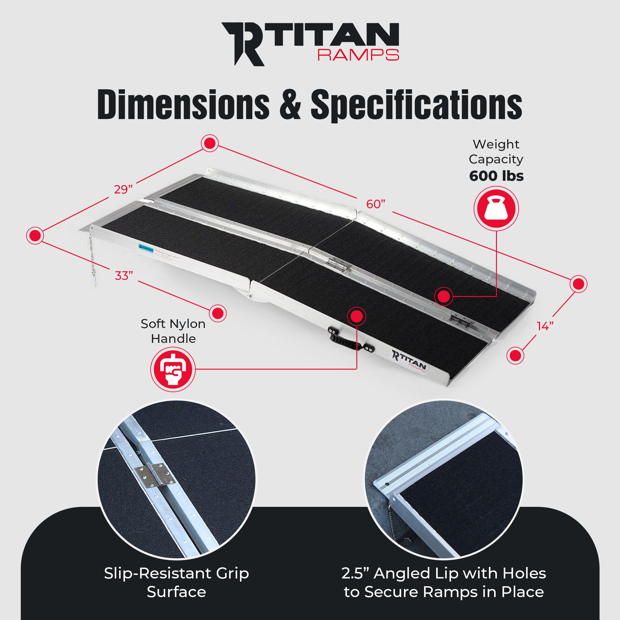 Titan Ramps 5 Foot Multi-Fold Grip Aluminum Wheelchair Ramp, 600 Pound Capacity - VMInnovations