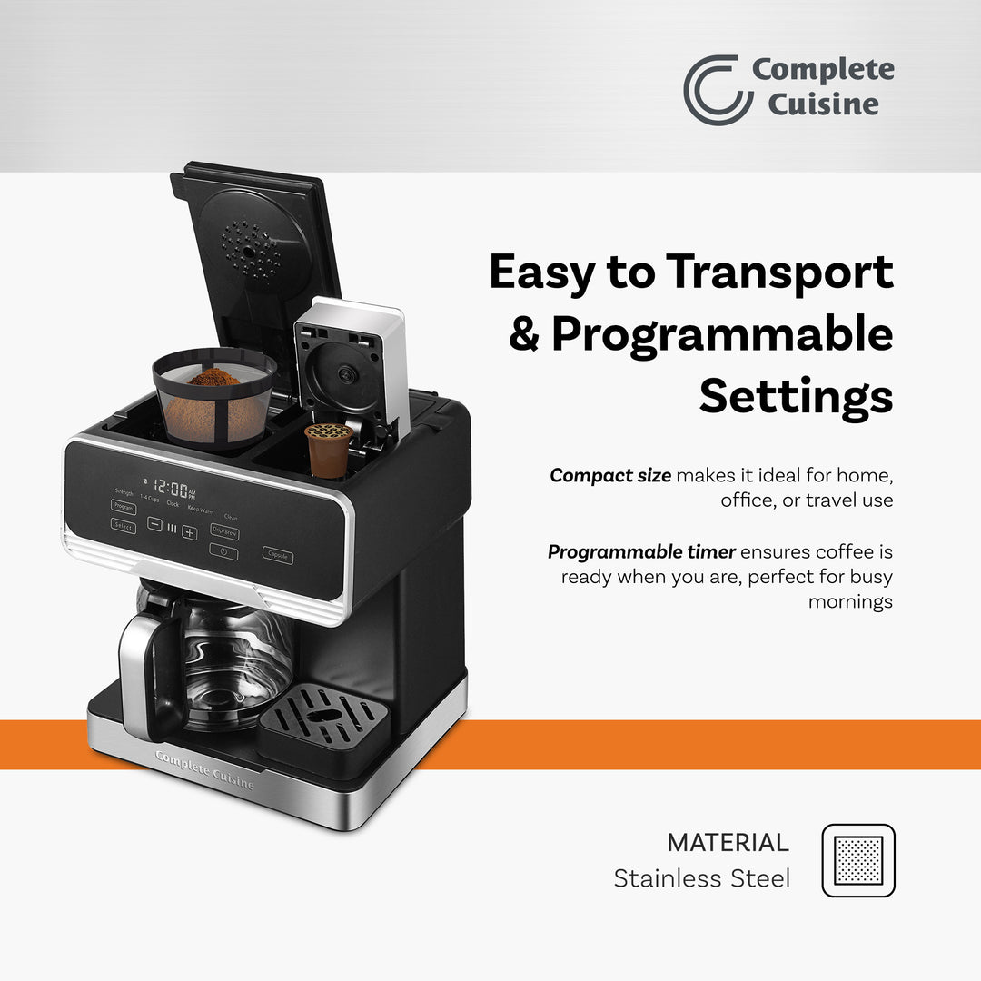 Complete Cuisine 2-in-1 Programmable Coffee Maker, 12-Cup Pot & Single-Serve Pod