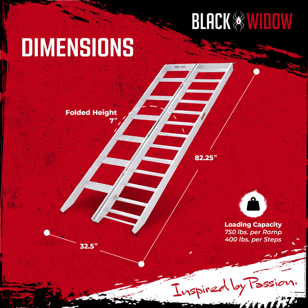 Black Widow Aluminum Bi Fold Motorcycle Ramp with Steps, Folding Ramp, Silver