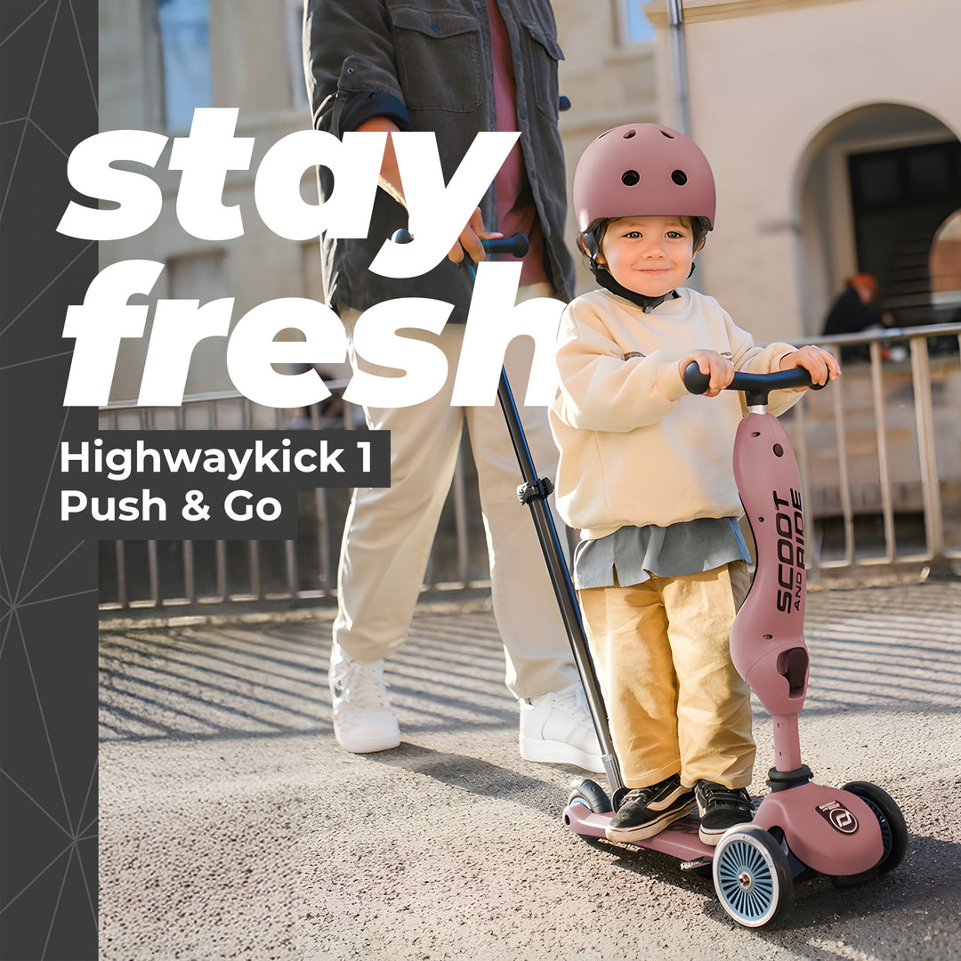 Scoot & Ride 2-in-1 Kids Scooter w/ Push Bar, Highwaykick 1 Push & Go, Wildberry