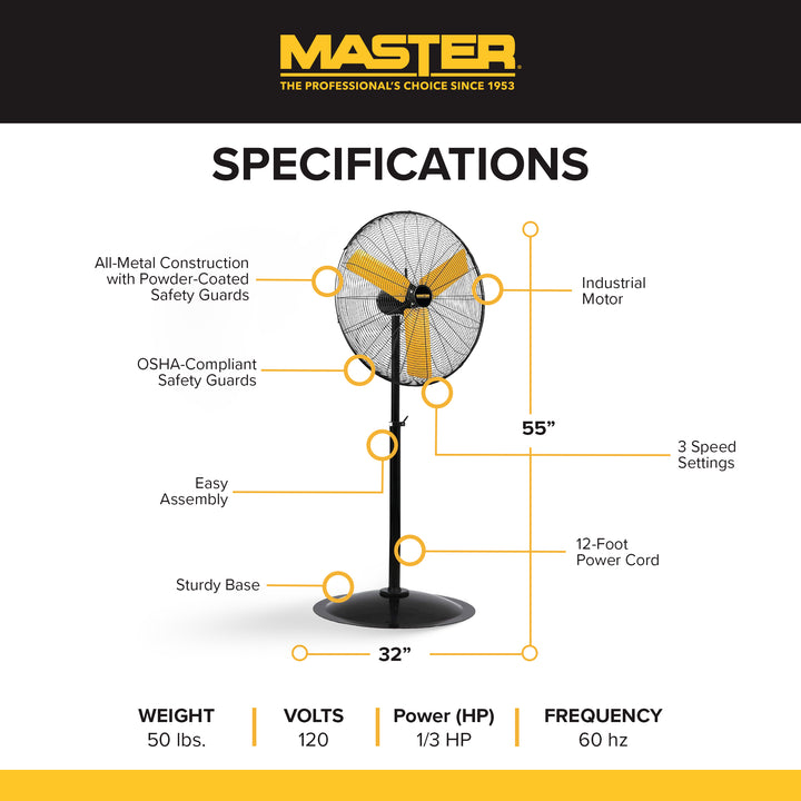 Master 24" High Velocity Oscillating Pedestal Fan, 3 Speed Metal Standing Fan