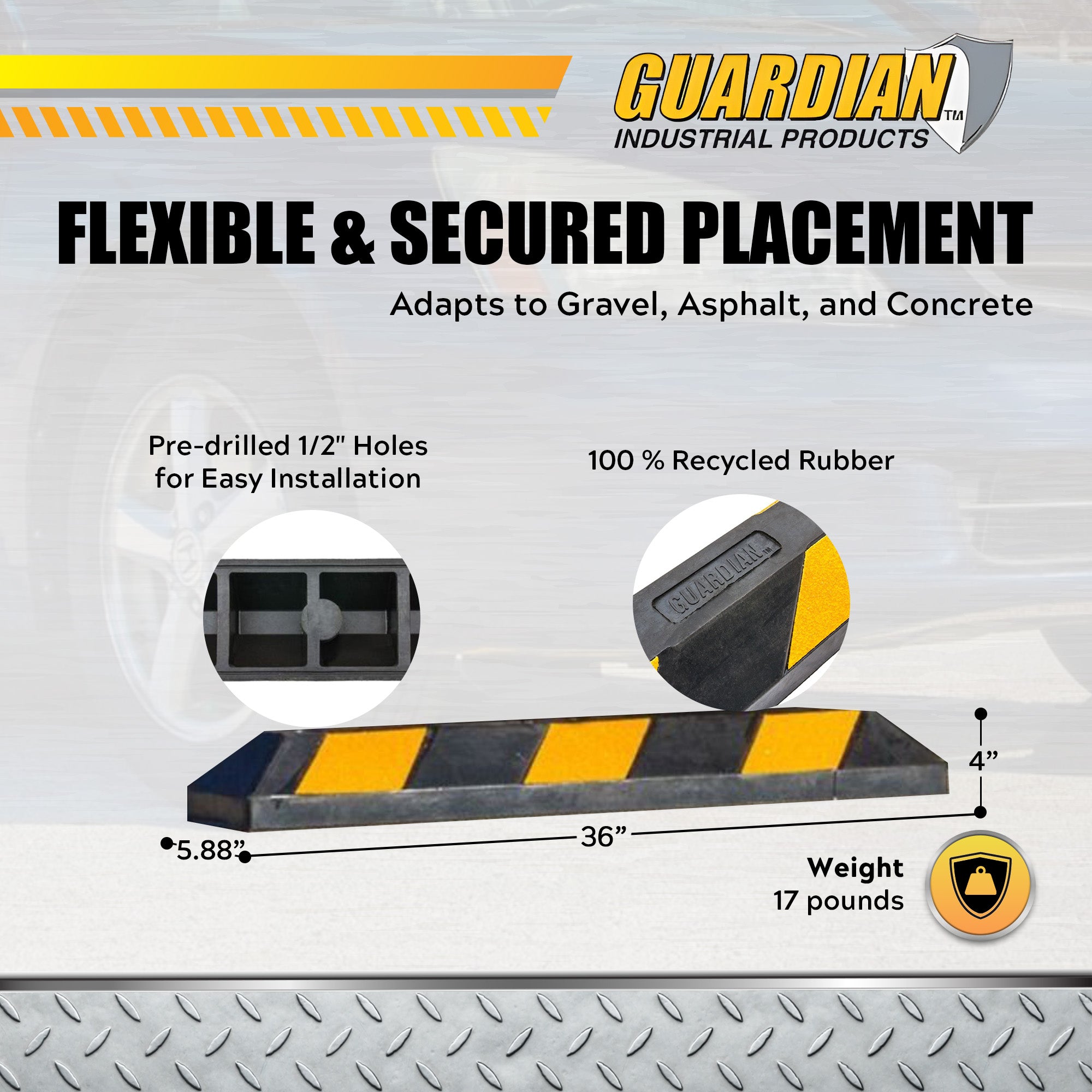 Guardian Parking Stop, 3Ft Rubber Curb w/ Mounting Holes, Black/Yellow, 10 Pack