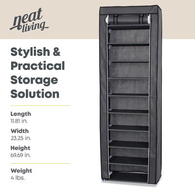 Neat Living Vertical 10 Tier Shoe Organizer Rack, Storage Shelves & Cover, Gray - VMInnovations