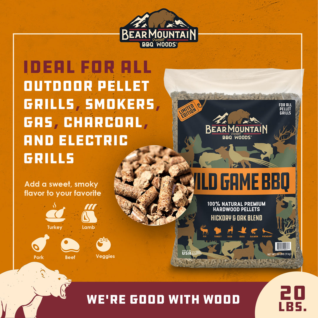 Bear Mountain Wild Game BBQ, Hickory and Oak Blend Smoker Pellets, 20 Pounds