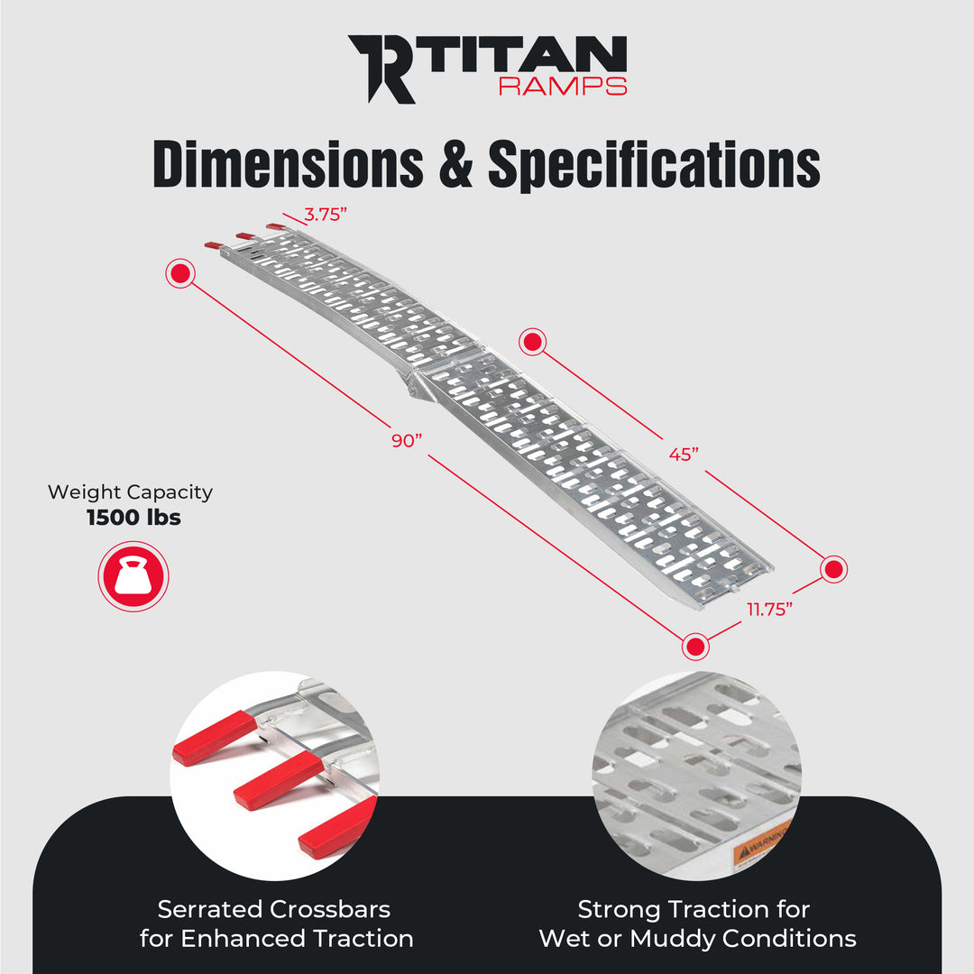 Titan Ramps 2 Pack 7.5’ Folding ATV Loading Ramps Arched Aluminum Design, Silver