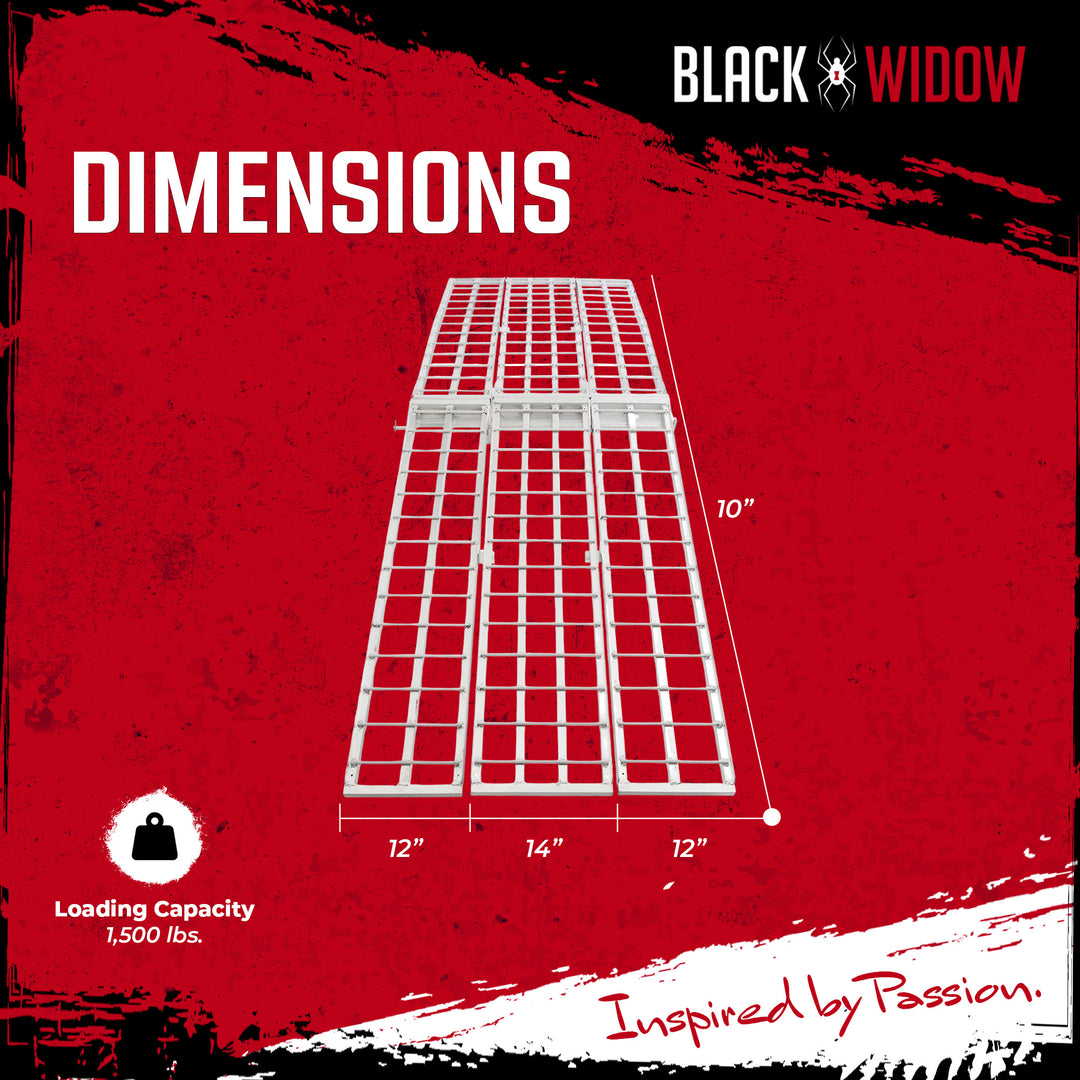 Black Widow 10’ Aluminum Folding Motorcycle Ramp, Arched 3 Piece Design, Silver