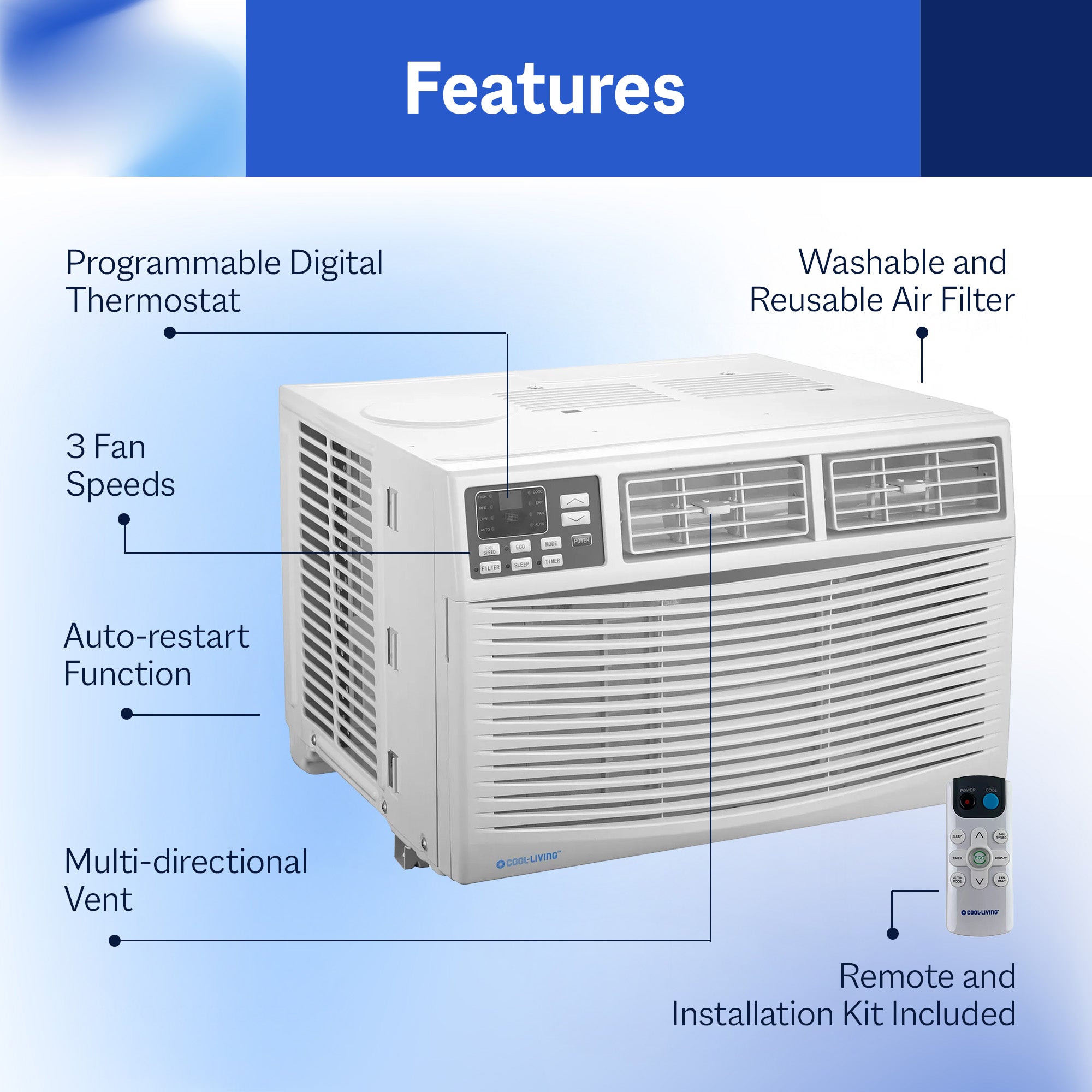 Cool-Living 8,000 BTU Window Mount Room Air Conditioner with Installation Kit - VMInnovations