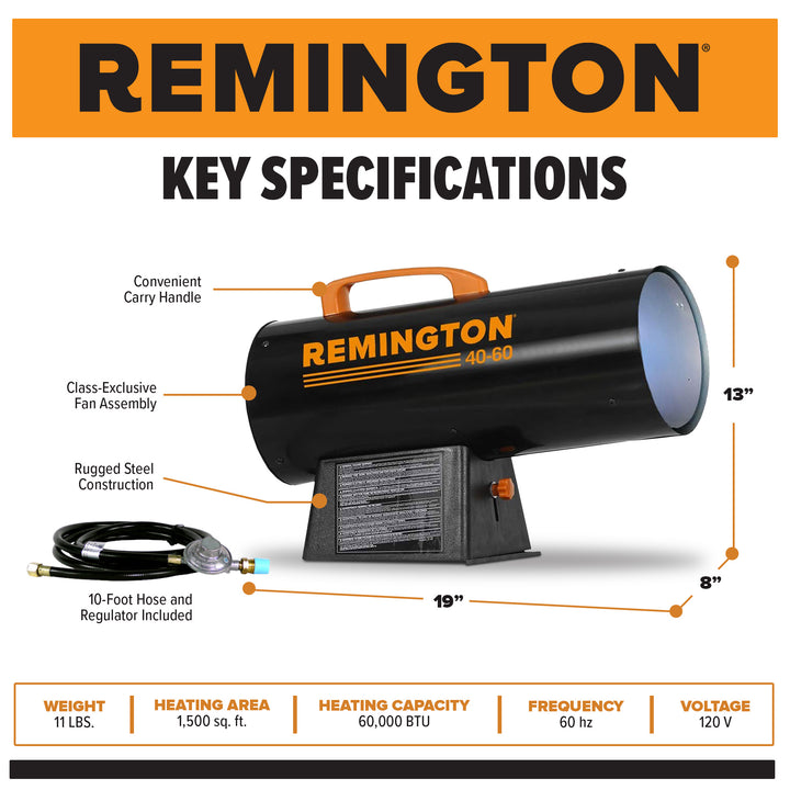 Remington Portable 60,000 BTU Propane Forced Air Space Heater, Tank Not Included - VMInnovations