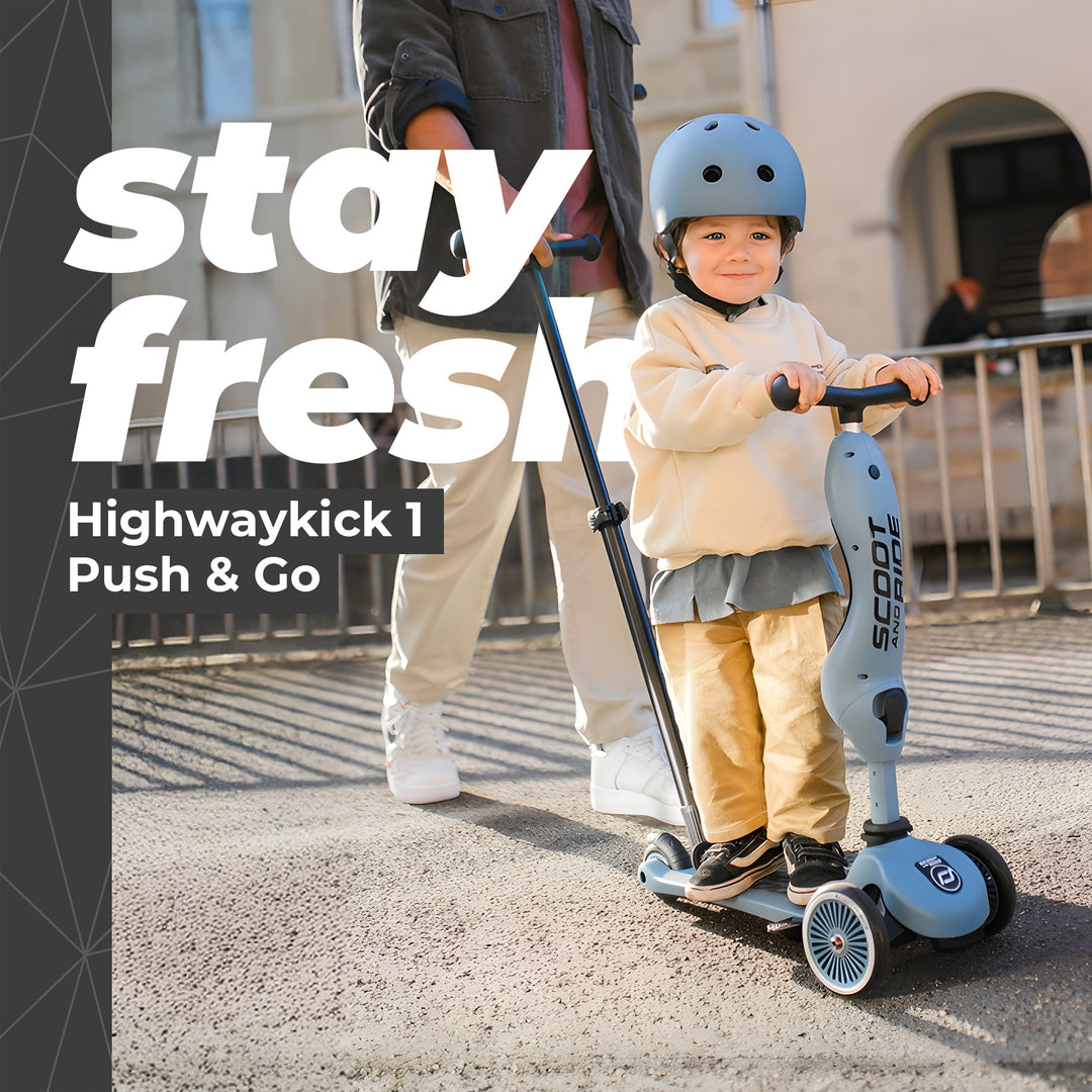 Scoot & Ride 2-in-1 Kids Scooter w/ Push Bar, Highwaykick 1 Push & Go, Steel - VMInnovations