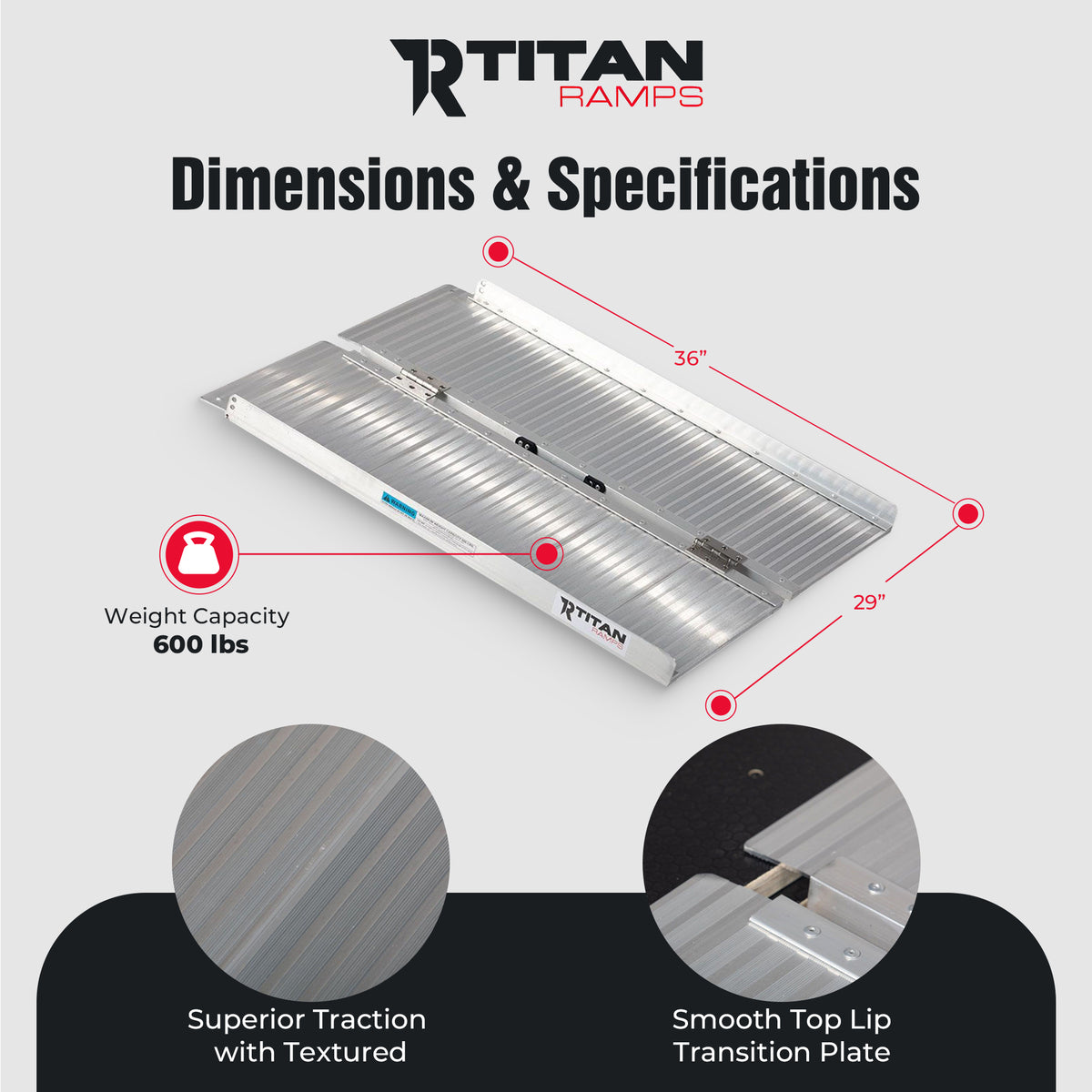 Titan Ramps 3 Foot Single-Fold Aluminum Ramp, 600 pound Capacity(Open Box) - VMInnovations
