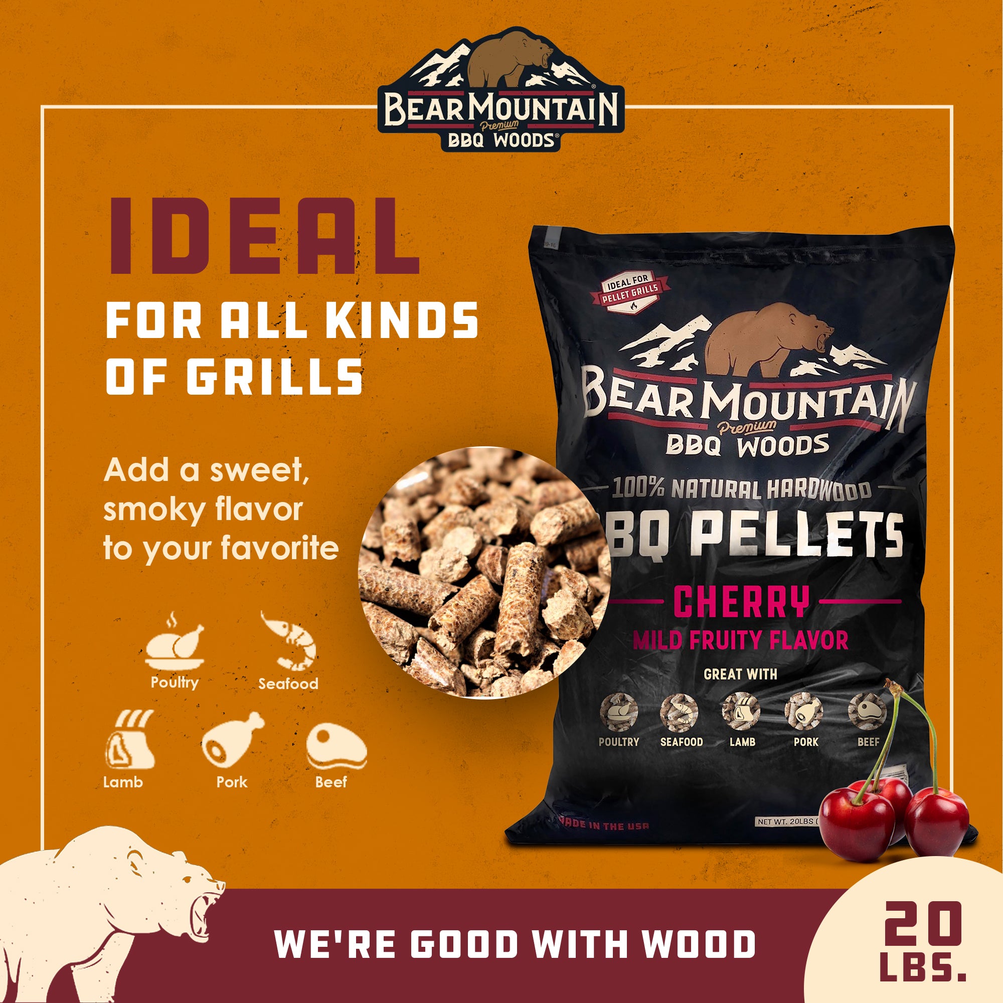Bear Mountain BBQ Premium All-Natural Hardwood Cherry BBQ Smoker Pellets, 20 lbs - VMInnovations