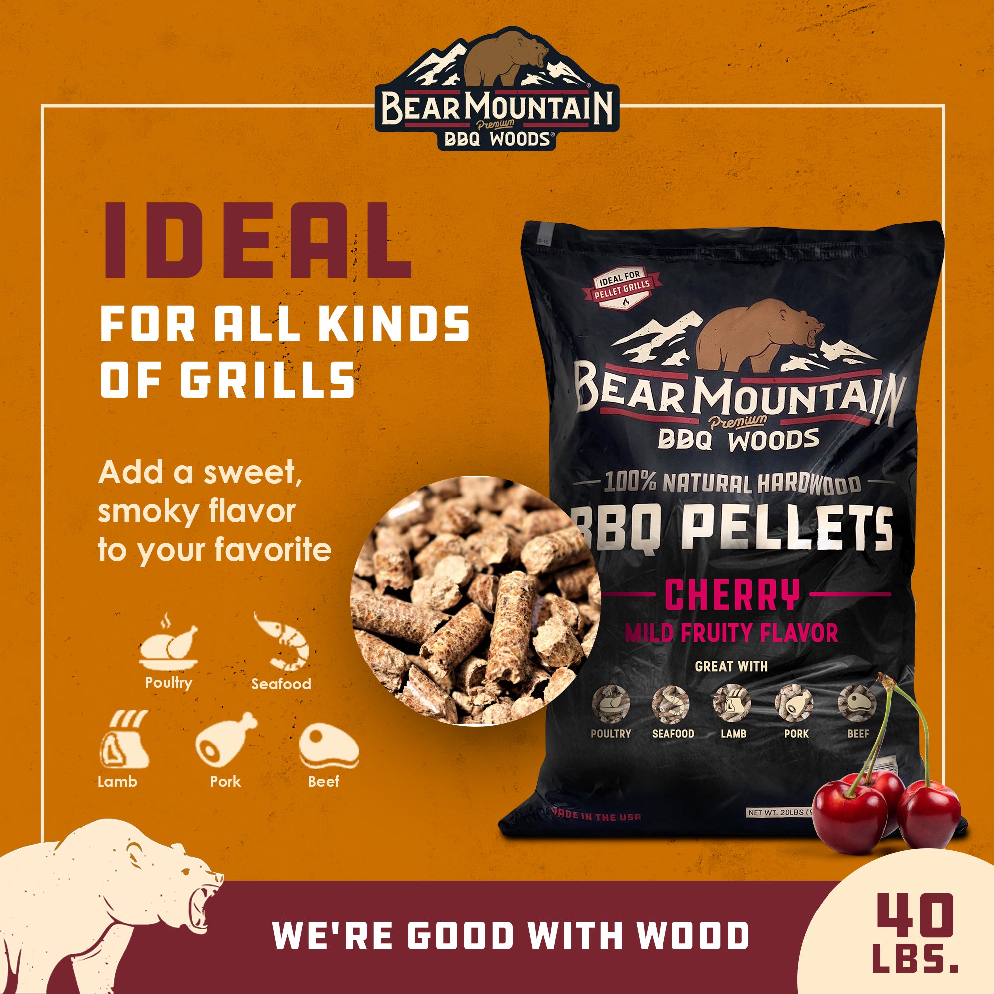 Bear Mountain BBQ Premium All Natural Hardwood Cherry Smoker Pellets, 40 Pounds - VMInnovations