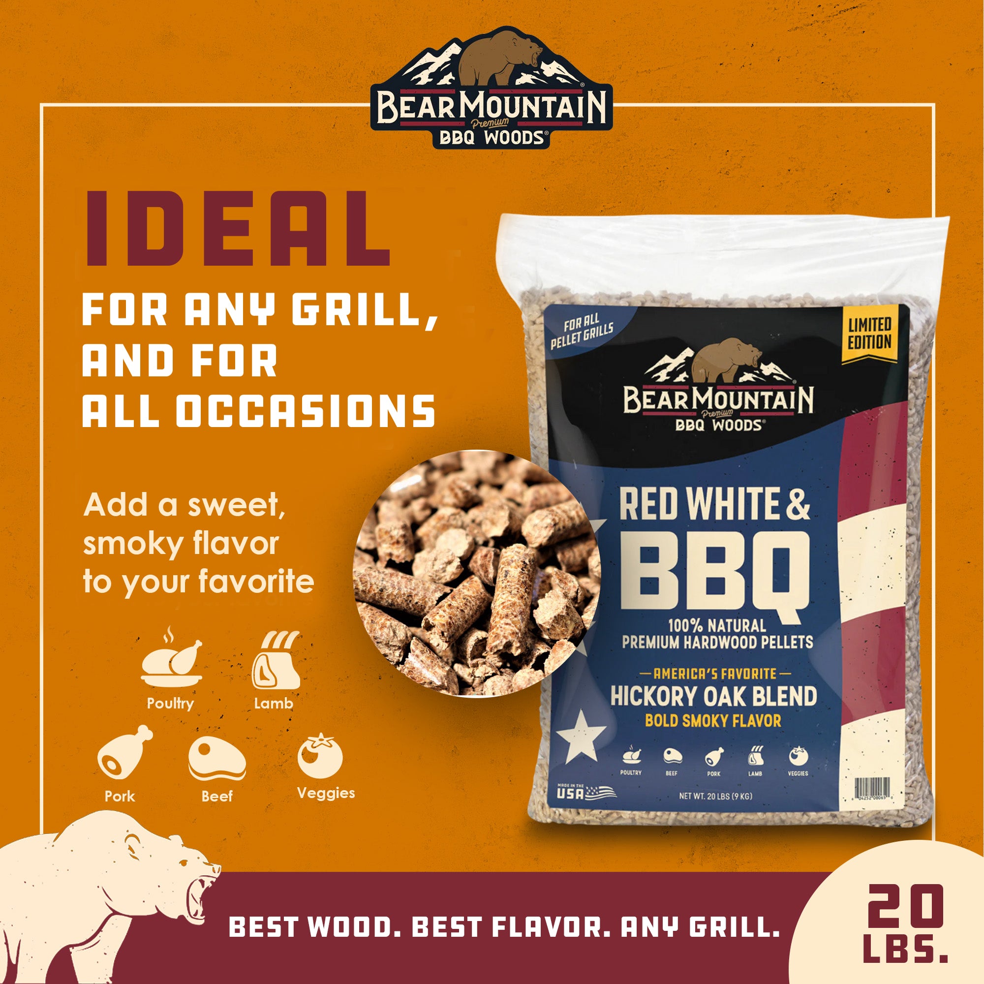 Bear Mountain BBQ Limited Edition Red White & BBQ Wood Pellets, 20 Pounds, Blue - VMInnovations
