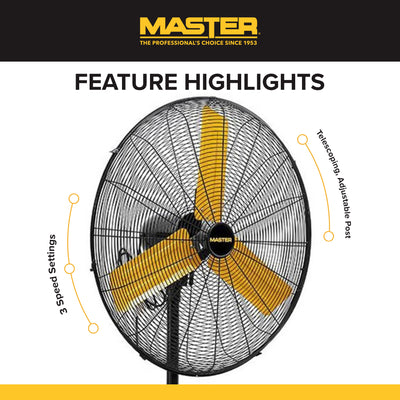 Master 24" High Velocity Oscillating Pedestal Fan, 3 Speed Metal Standing Fan - VMInnovations