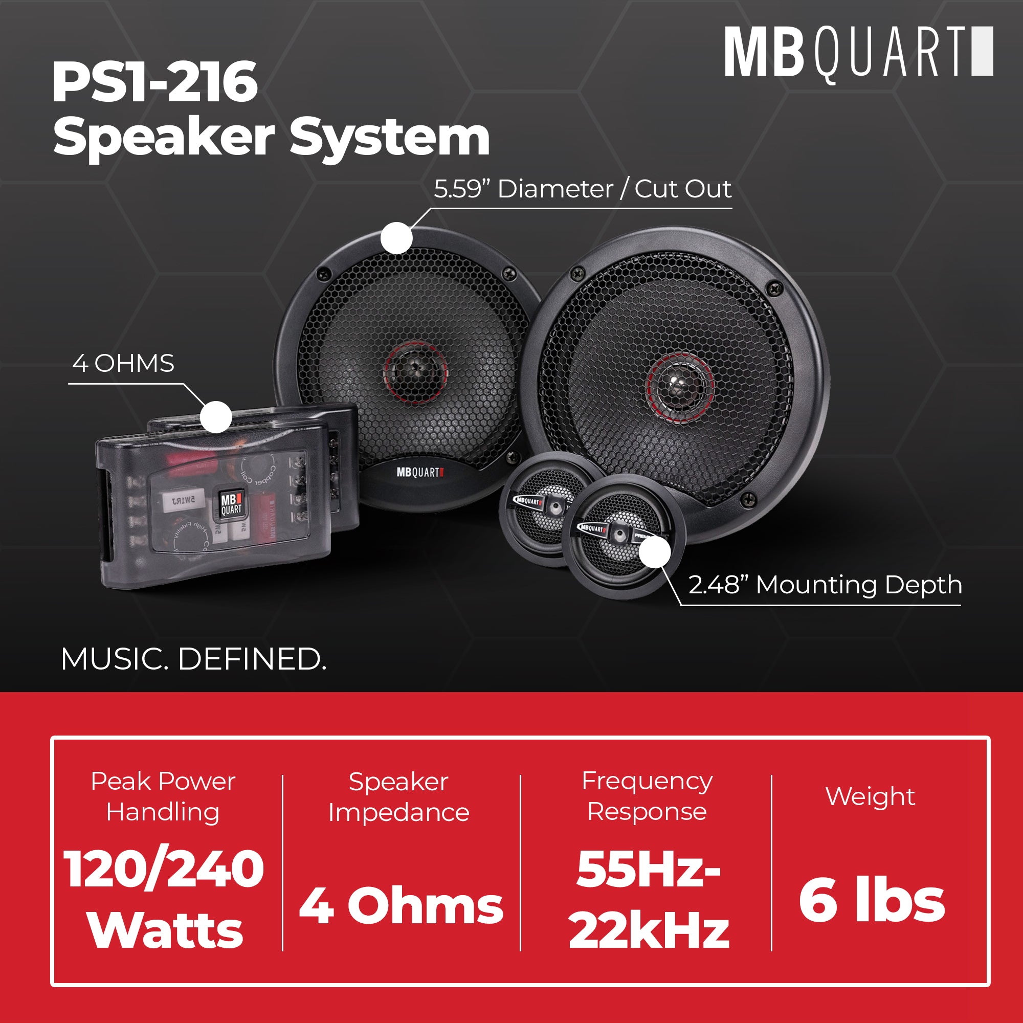 MB Quart PS1-216 Premium 6.5 Inch Car Speakers, 240 Watts, 2 Way, Black/Red