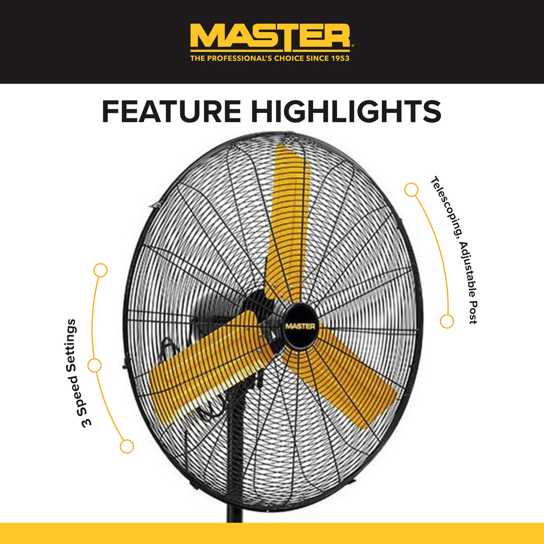 Master 24" High Velocity Oscillating Pedestal Fan, 3 Speed Metal Standing Fan