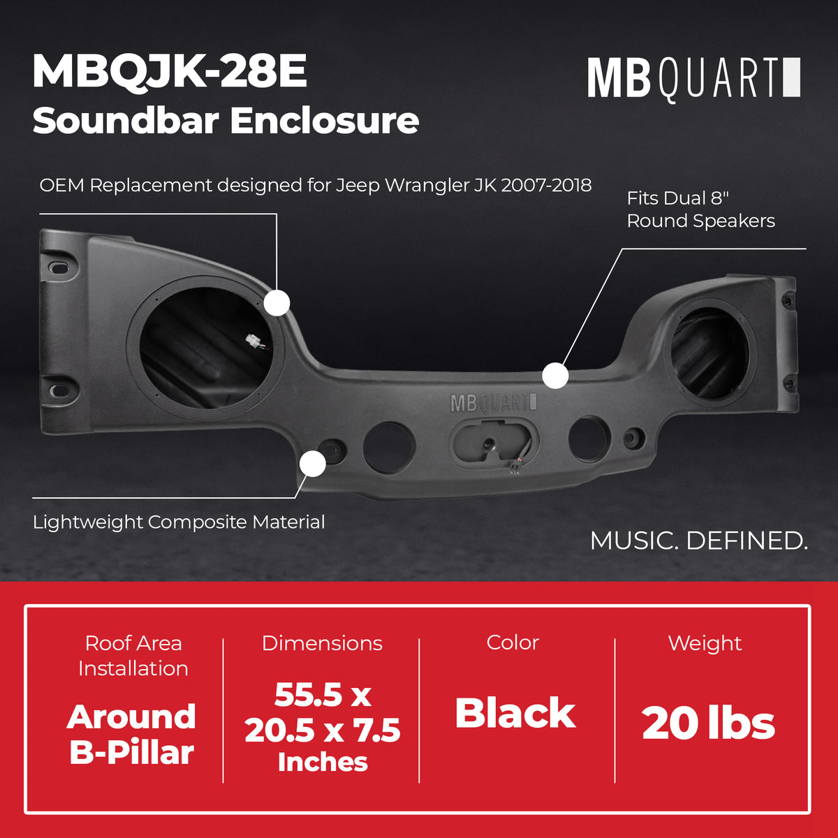 MB Quart Rear Overhead Soundbar Enclosure for 2007-2018 Jeep Wrangler JK - VMInnovations