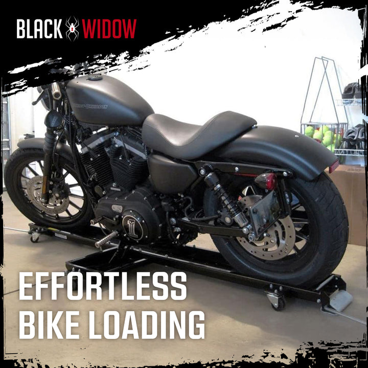 Black Widow Motorcycle Dolly with Front and Rear Gates for Loading and Unloading