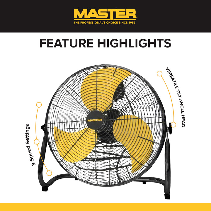 Master 20" High Velocity Floor Fan,  3 Speed Portable Metal Fan with Tilt Head