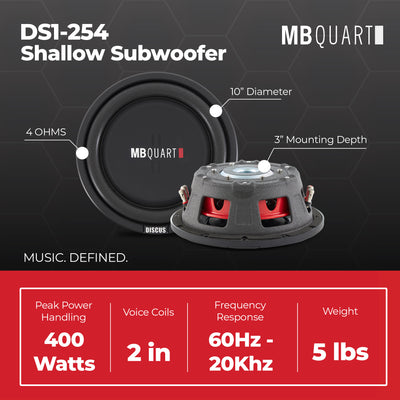 MB Quart DS1-254 200 Watt 4 Ohm 10 Inch Shallow Slim Subwoofer for Vehicles - VMInnovations