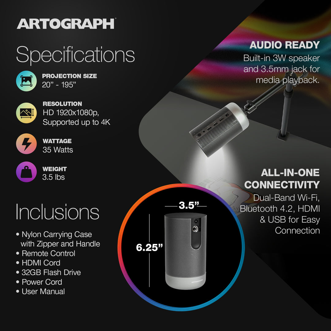 Artograph Smart LED Art Projector, Auto Focus Grids & Remote, Inspire 1500, Grey