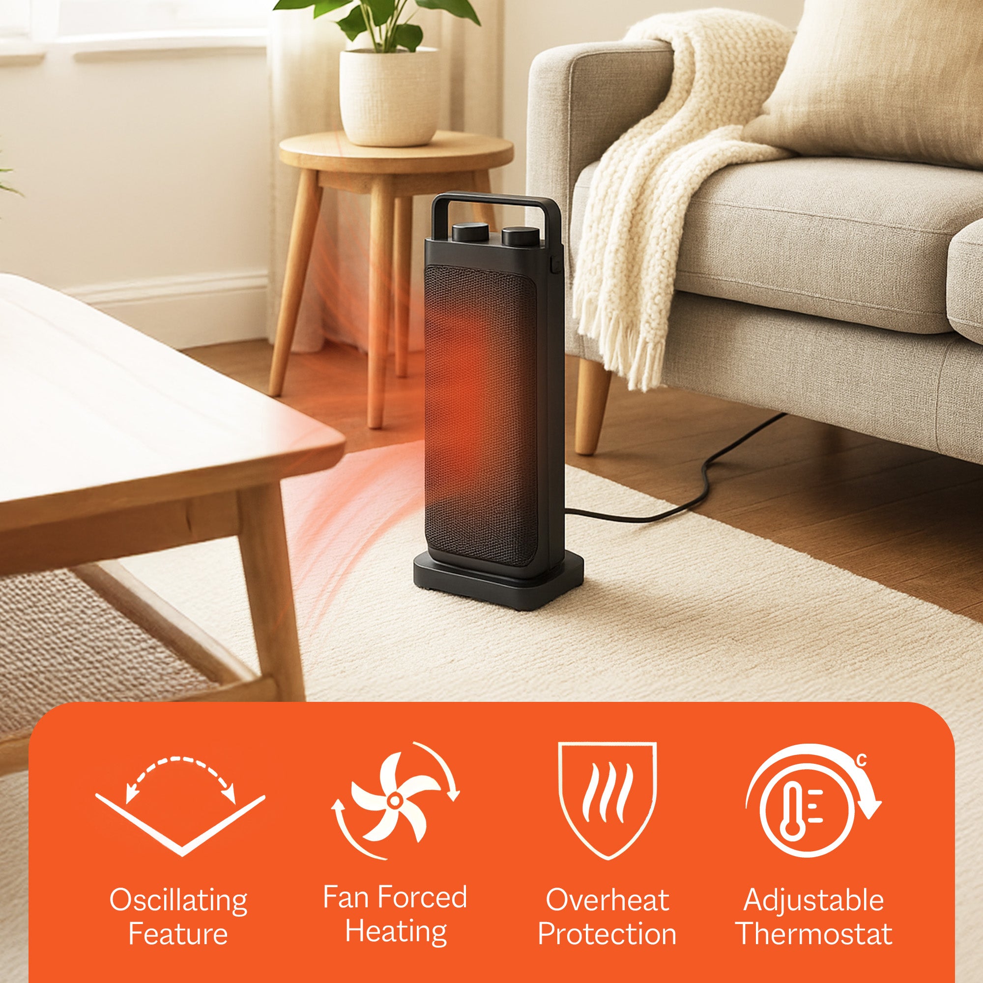 Warm-Living 16" Oscillating Ceramic Space Heater with 3 Heat Settings, Black - VMInnovations