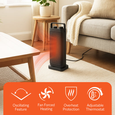 Warm-Living 16" Oscillating Ceramic Space Heater with 3 Heat Settings, Black - VMInnovations