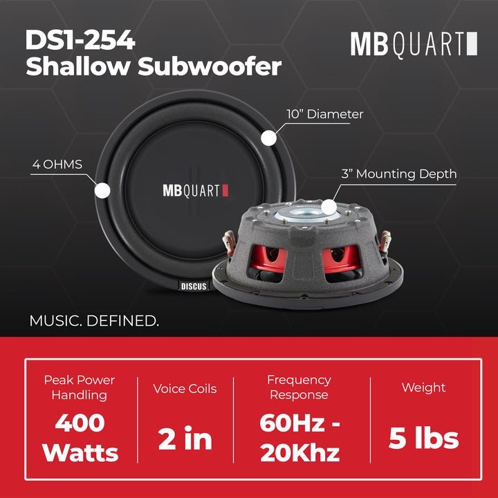 MB Quart DS1-254 200 Watt 4 Ohm 10 Inch Shallow Slim Subwoofer for Vehicles