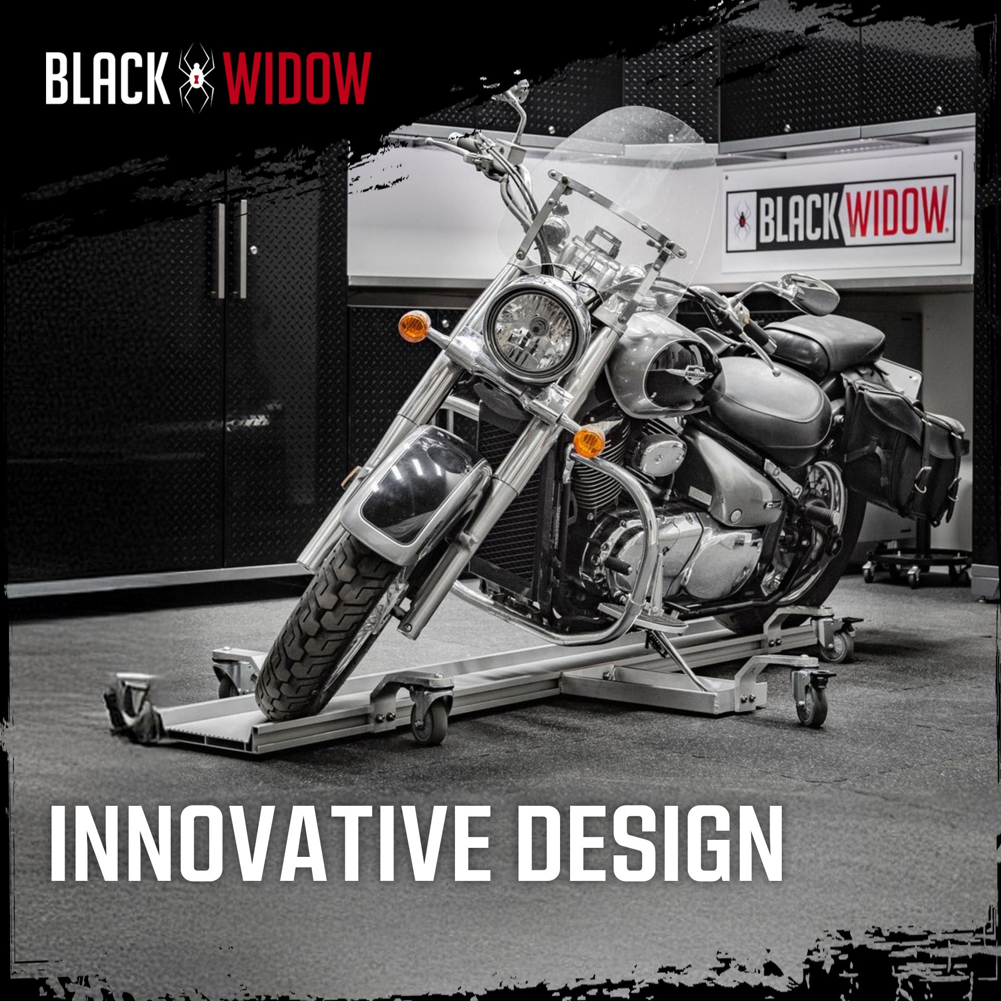 Black Widow Motorcycle Dolly, Fully Adjustable Kickstand Plate Locking Casters - VMInnovations